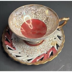 Red Gold Floral Porcelain Tea Cup & Saucer Set Painted Embossed Decorated -AS IS